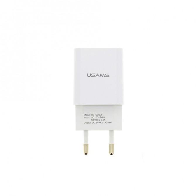 Мережевий зарядний пристрій Usams T21 Single USB + lightning cable, 2.1A Білий (T21OCLN01)-2