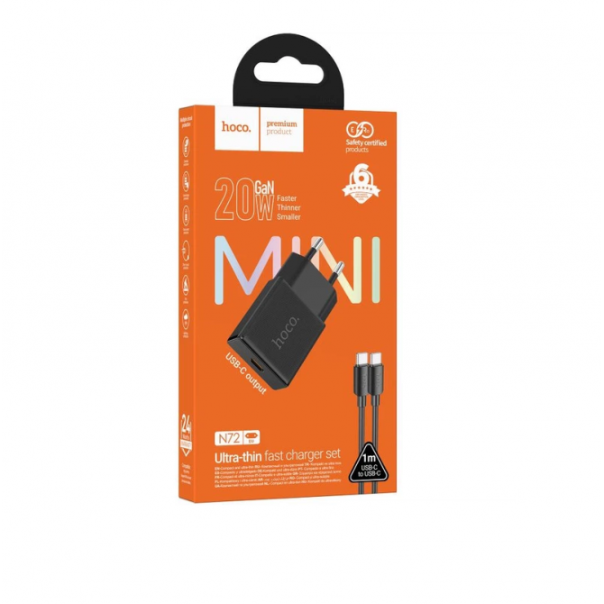 етевое зарядное устройство N72 Speed ultra-thin PD 20W/1 USB-C+ Type-C Cable Black-2