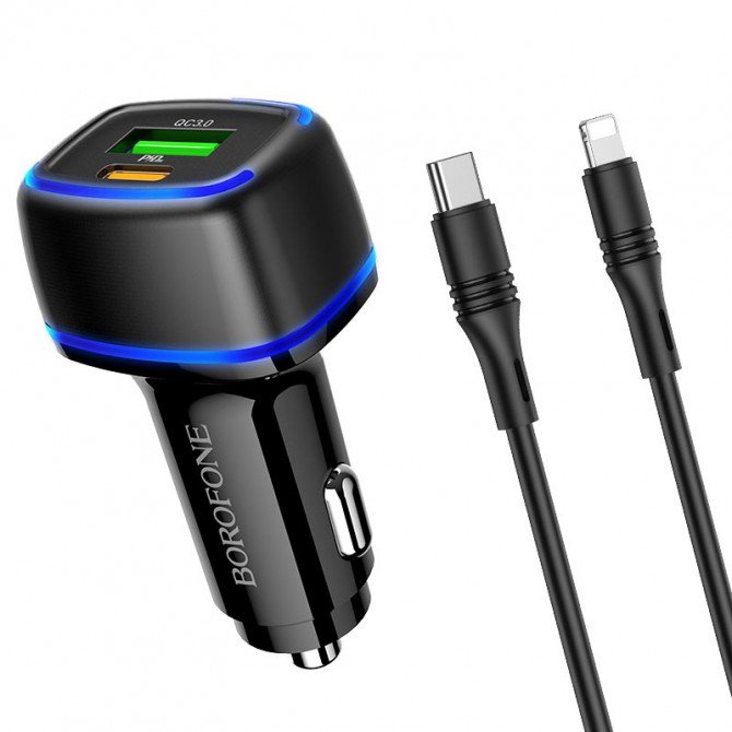 Автомобільний зарядний пристрій Borofone BZ14A Black + Cable Type-C to Lightning 3A Black