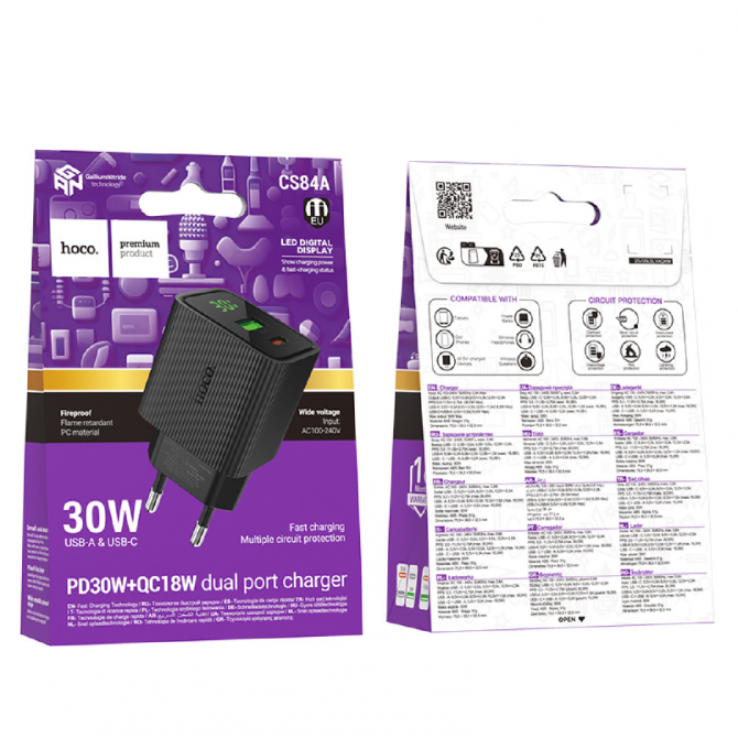 Сетевое зарядное устройство 1USB + Type-C Hoco CS84A PD30W+QC3.0 Black-2