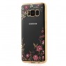 Прозорий Чохол з квітами та стразами для Samsung G955 Galaxy S8 Plus з глянцевим бампером (Золотий/Р