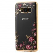 Прозрачный чехол с цветами и стразами для Samsung G955 Galaxy S8 Plus с глянцевым бампером (Розовый  Прозрачный чехол с цветами и стразами для Samsung G955 Galaxy S8 Plus с глянцевым бампером (Розовый