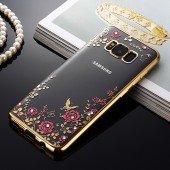 Прозрачный чехол с цветами и стразами для Samsung G955 Galaxy S8 Plus с глянцевым бампером (Розовый  Прозрачный чехол с цветами и стразами для Samsung G955 Galaxy S8 Plus с глянцевым бампером (Розовый