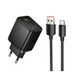 Мережевий зарядний пристрій 1USB + Type-C Hoco C157A PD30W+QC3.0 Black + Cable Type-C