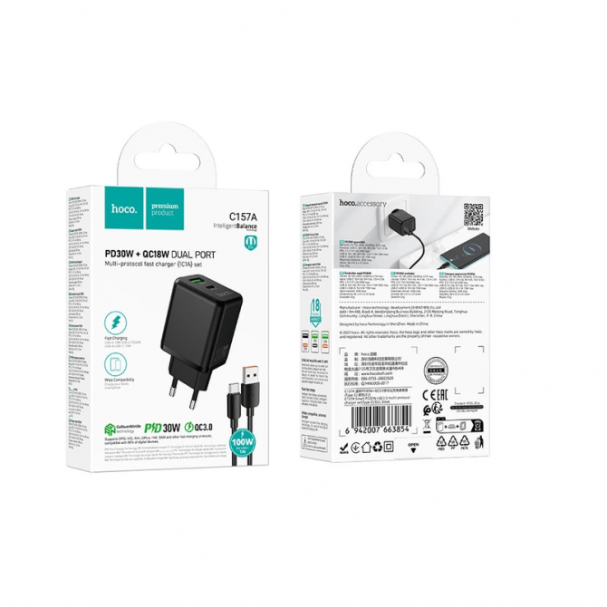 Сетевое зарядное устройство 1USB + Type-C Hoco C157A PD30W+QC3.0 Black + Cable Type-C-2