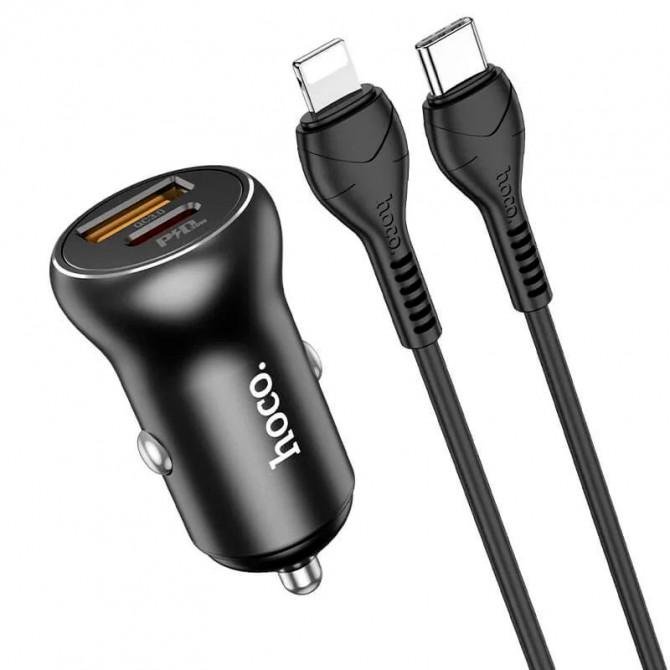 Автомобильное зарядное устройство 2USB Hoco NZ5 PD30W + QC3.0 Black + USB Type-C to Lightning-1