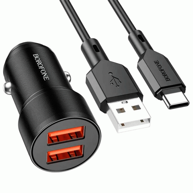 АЗП Borofone BZ19B Wisdom 36W Dual QC3.0 3A Black+ Type-C Cable