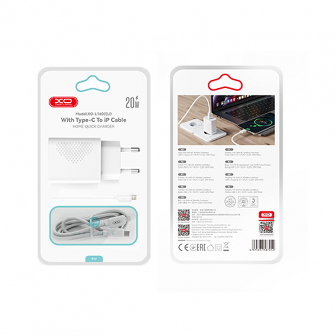 Сетевое зарядное устройство XO L160 20W/1USB-С + Lightning White-2