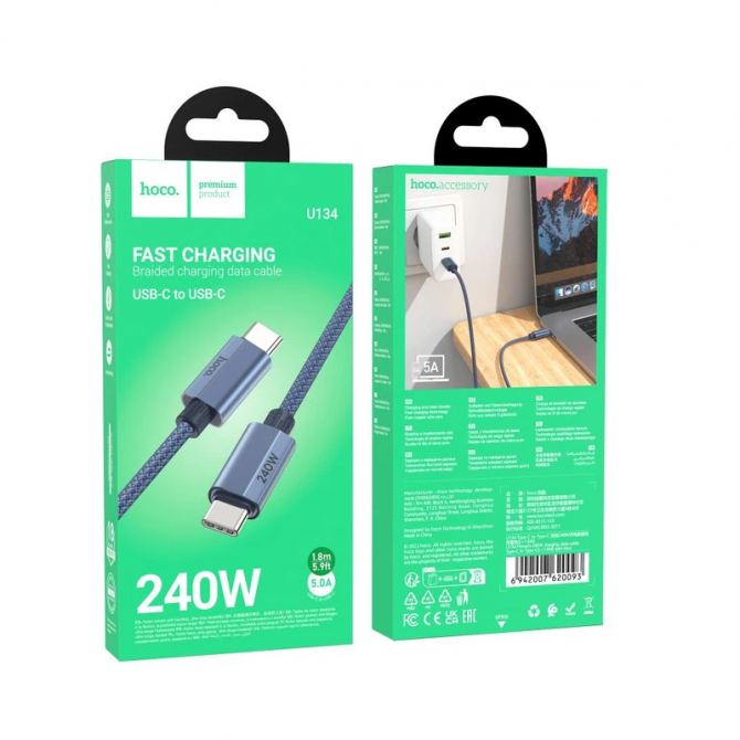 Кабель Hoco U134 Promero Type-C to Type-C 240W Dark Blue 1.8m-2