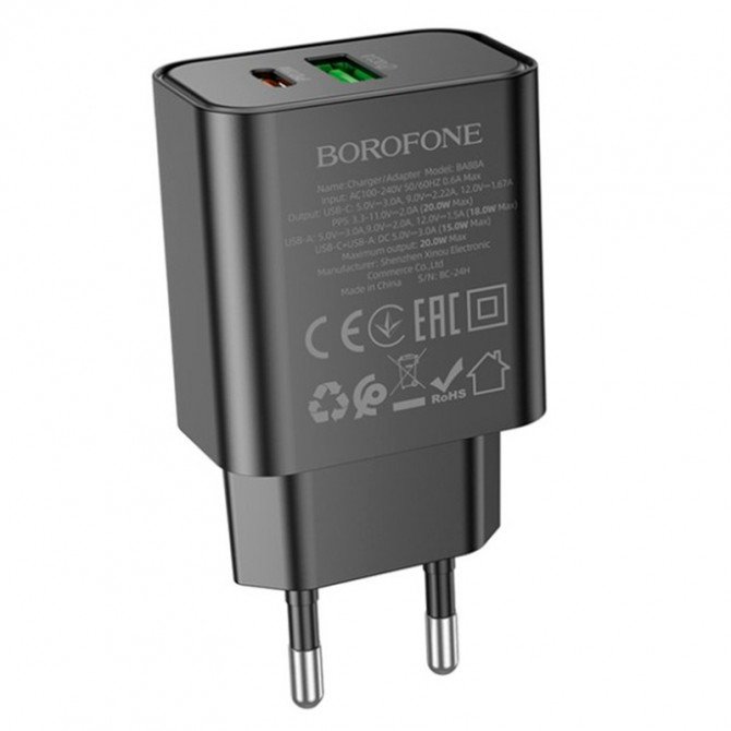 Мережевий зарядний пристрій 1USB + Type-C Borofone BA88A Navy PD20W+QC3.0 Black-1