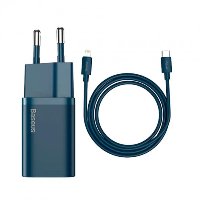 Сетевое зарядное устройство 1Type-C Baseus Super Si 1C 20W EU Sets Blue + Type-C to Lightning 3A 1m