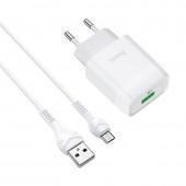 Сетевое зарядное устройство 1USB Hoco C72Q QC3.0 White + USB cable MicroUSB (2.1A)