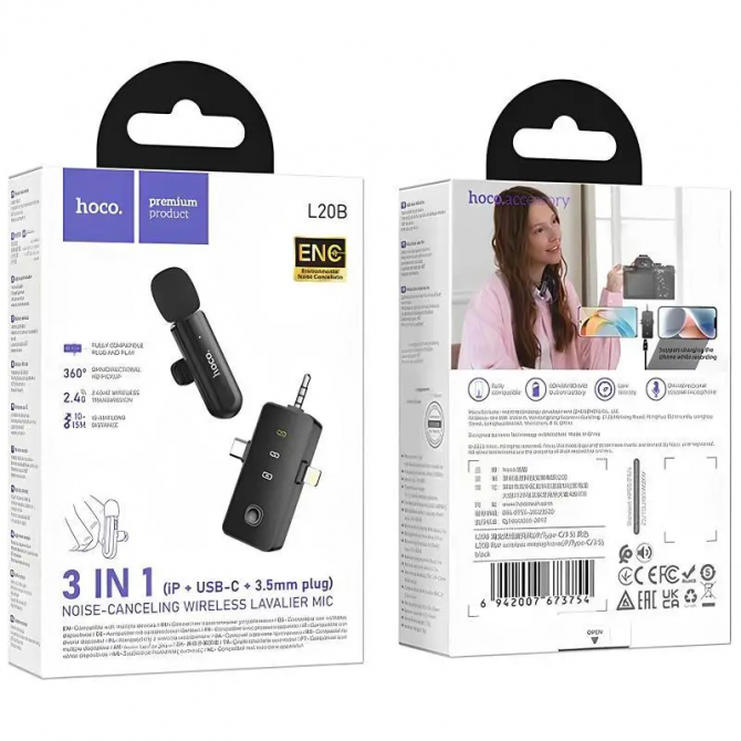 Микрофон Hoco L20B Fair 3in1 mic wireless iPhone/Type-C/3.5 Черный-3