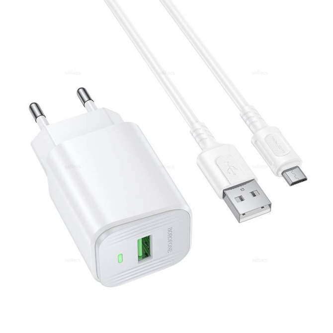 Сетевое зарядное устройство 1USB + Type-C Borofone BAS82A PD18W+QC3.0 White+Micro USB cable