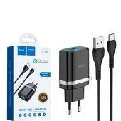 МЗП 1USB Hoco C12Q QC Black + USB Cable Type-C (2.4A)