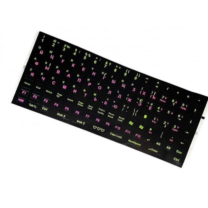 Наклейки на клавиатуру (украинский-английский-русский) Black/Green/Pink-1