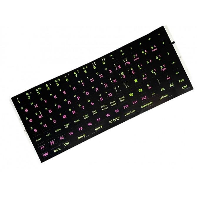 Наклейки на клавиатуру (украинский-английский-русский) Black/Green/Pink-2