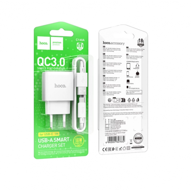 Мережевий зарядний пристрій 1USB Hoco C140A Smart QC3.0 White + Cable Type-C-2
