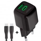 Мережевий зарядний пристрій  1USB + Type-C WALKER WH-71 GAN 30W+QC318W Black + Type-C to Type-C