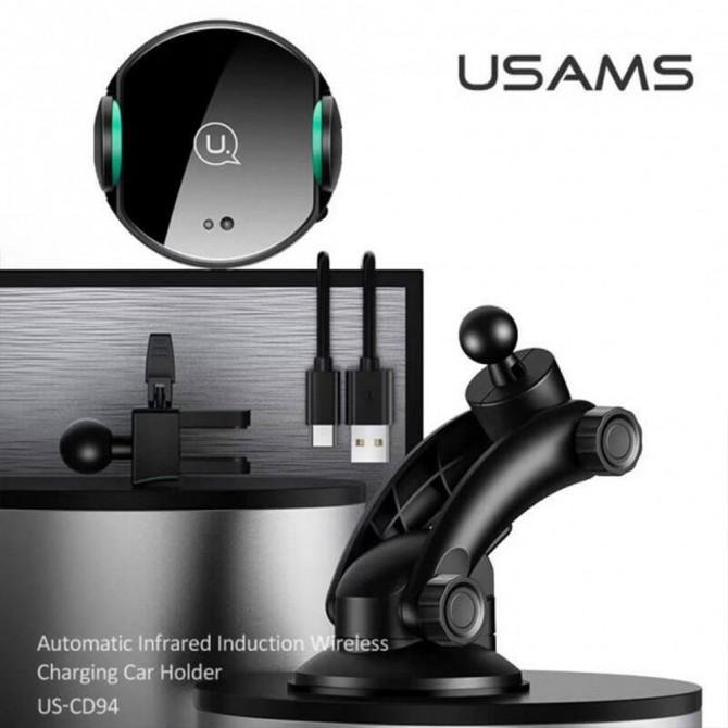 Автодержатель USAMS US-CD94 + Беспроводная зарядка Чёрный-1