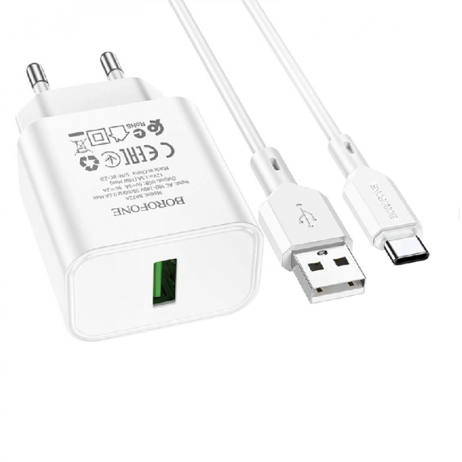 Сетевое зарядное устройство 1USB Borofone BA72A Spring QC3.0 White + Type-C Cable