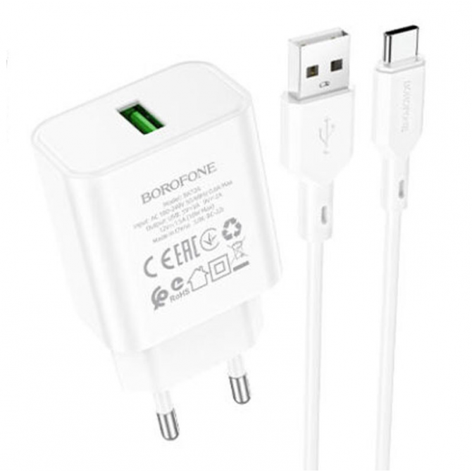 Сетевое зарядное устройство 1USB Borofone BA72A Spring QC3.0 White + Type-C Cable-1