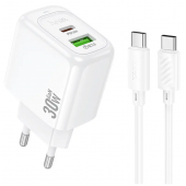 Мережевий зарядний пристрій  1USB + Type-C Hoco CS55A PD30W+QC3.0 White + Type-C to Type-C cable