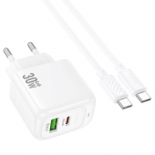 Мережевий зарядний пристрій  1USB + Type-C Hoco CS55A PD30W+QC3.0 White + Type-C to Type-C cable