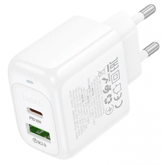 Сетевое зарядное устройство 1USB + Type-C Hoco CS55A PD30W+QC3.0 White-1