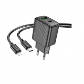 Мережевий зарядний пристрій Hoco CS23A USB / USB PD / QC 30W + Type-C to Lightning, Black