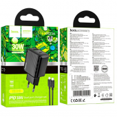Мережевий зарядний пристрій Hoco CS23A USB / USB PD / QC 30W + Type-C to Lightning, Black