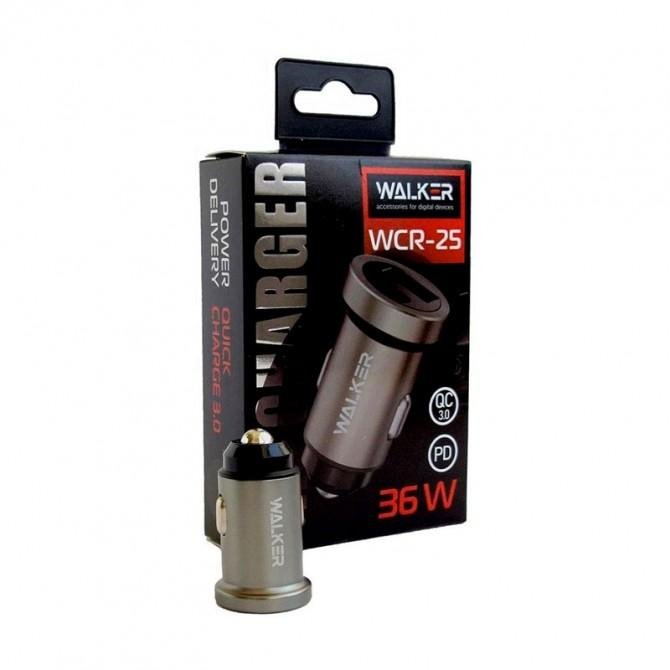 Автомобільний зарядний пристрій 1USB + Type-C Walker WCR-25 (PD+QC) 3.1A Grey