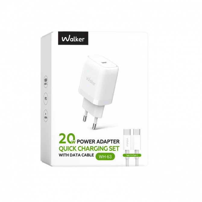 Мережевий зарядний пристрій 1Type-C WALKER WH-63 PD20W White + Type-C to Type-C White-1