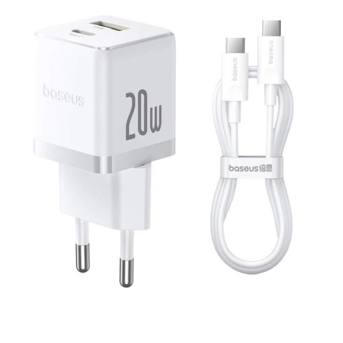 Сетевое зарядное устройство 1USB + Type-C Baseus Palm Fast Charger 20W EU White + Type-C to Type-C