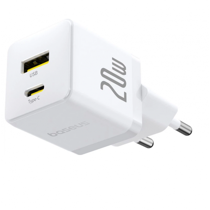 Сетевое зарядное устройство 1USB + Type-C Baseus Palm Fast Charger 20W EU White + Type-C to Type-C-1