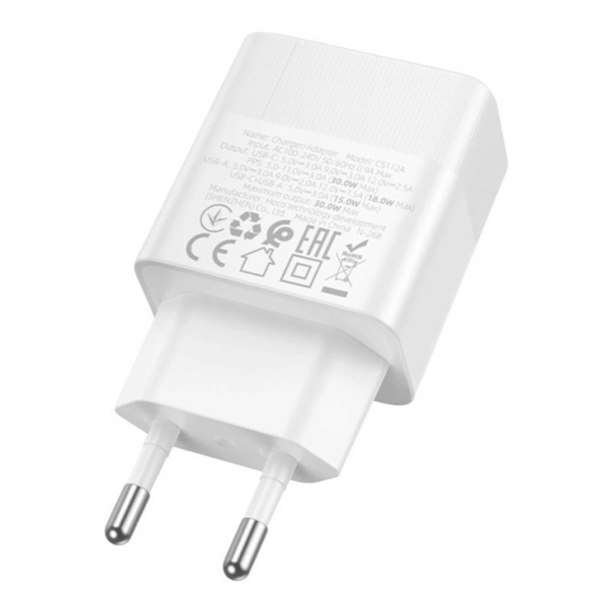 Сетевое зарядное устройство 1USB + Type-C Hoco CS112A PD30W+QC3.0 White-2