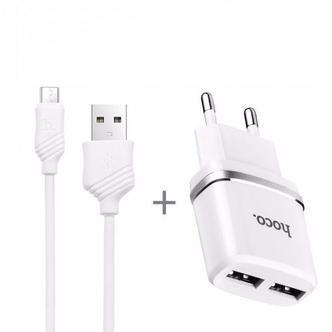 Сетевое зарядное устройство 2USB Hoco C12 White + USB Cable MicroUSB (2.4A)-1