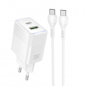 Сетевое зарядное устройство 1USB + Type-C Hoco CS112A PD30W+QC3.0 White + Cable Type-C