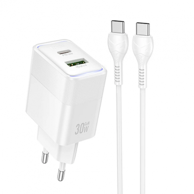 Сетевое зарядное устройство 1USB + Type-C Hoco CS112A PD30W+QC3.0 White + Cable Type-C