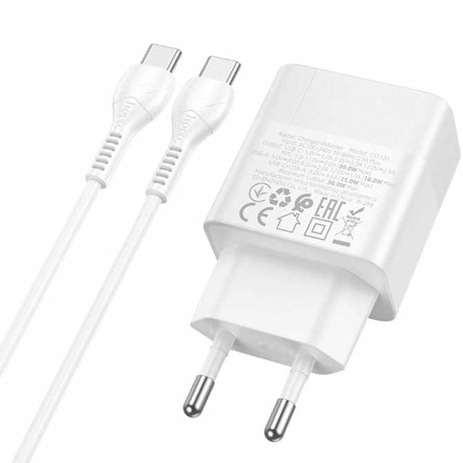 Сетевое зарядное устройство 1USB + Type-C Hoco CS112A PD30W+QC3.0 White + Cable Type-C-2
