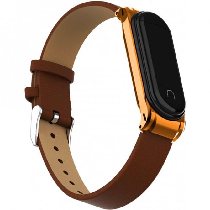 Ремінець для Xiaomi Band 3/4 steel+leather design (Коричневий+Золотий)-1