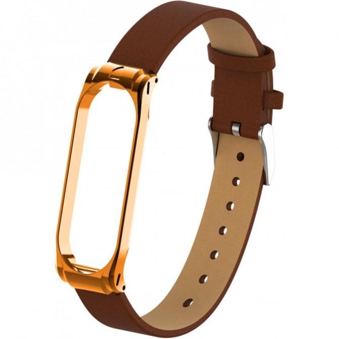 Ремінець для Xiaomi Band 3/4 steel+leather design (Коричневий+Золотий)-3