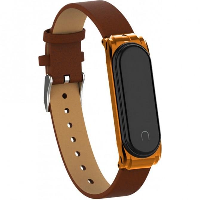 Ремінець для Xiaomi Band 3/4 steel+leather design (Коричневий+Золотий)-4