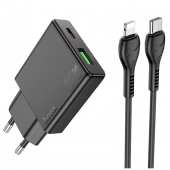 Мережевий зарядний пристрій 1USB + Type-C Hoco N38 PD20W+QC3.0 Black + Cable Type-C to Lightning