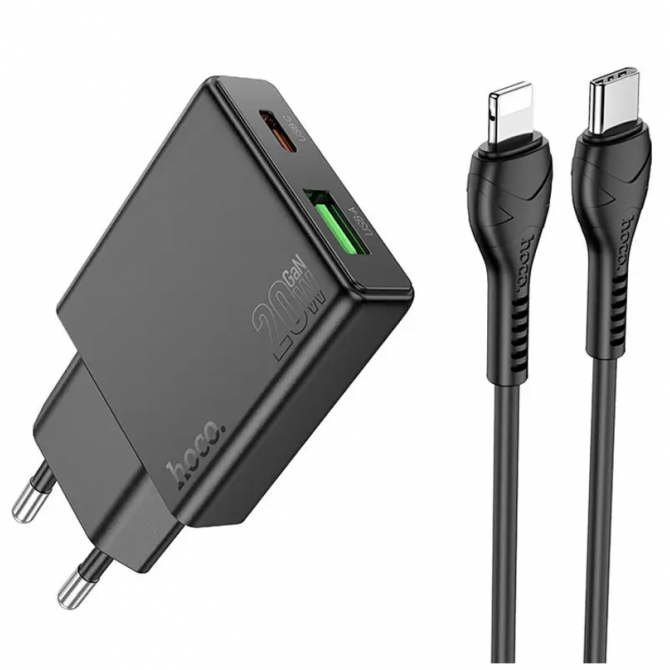 Сетевое зарядное устройство 1USB + Type-C Hoco N38 PD20W+QC3.0 Black + Cable Type-C to Lightning