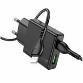 Мережевий зарядний пристрій 1USB + Type-C Hoco N38 PD20W+QC3.0 Black + Cable Type-C to Lightning