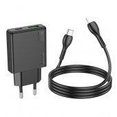 Мережевий зарядний пристрій 1USB + Type-C Hoco N38 PD20W+QC3.0 Black + Cable Type-C to Lightning