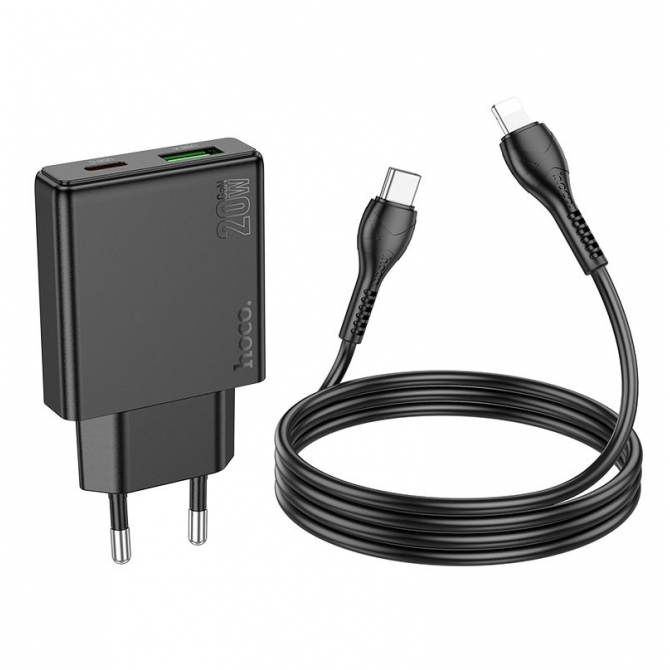 Сетевое зарядное устройство 1USB + Type-C Hoco N38 PD20W+QC3.0 Black + Cable Type-C to Lightning-2