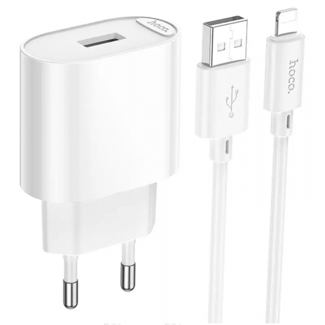 Сетевое зарядное устройство 1USB Hoco C109A Fighter 10.5W White + Lightning Cable
