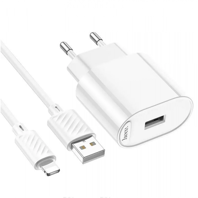 Сетевое зарядное устройство 1USB Hoco C109A Fighter 10.5W White + Lightning Cable-2